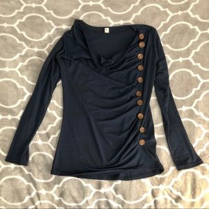Navy Cowl Neck Button Sweater/Long Sleeve Blouse